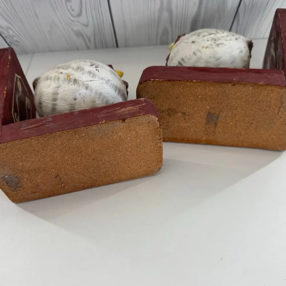 Chicken Bookends, Hand Carved Painted Wood - Bead and Tail